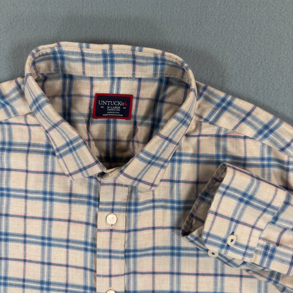 UNTUCKit Mens XL Plaid Button Down Shirt Tan Blue Pink Flannel style Cotton